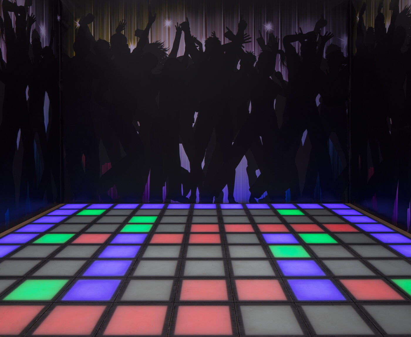 Staying Alive Escape Arcade™ Game disco floor with light and silhouettes of dancers